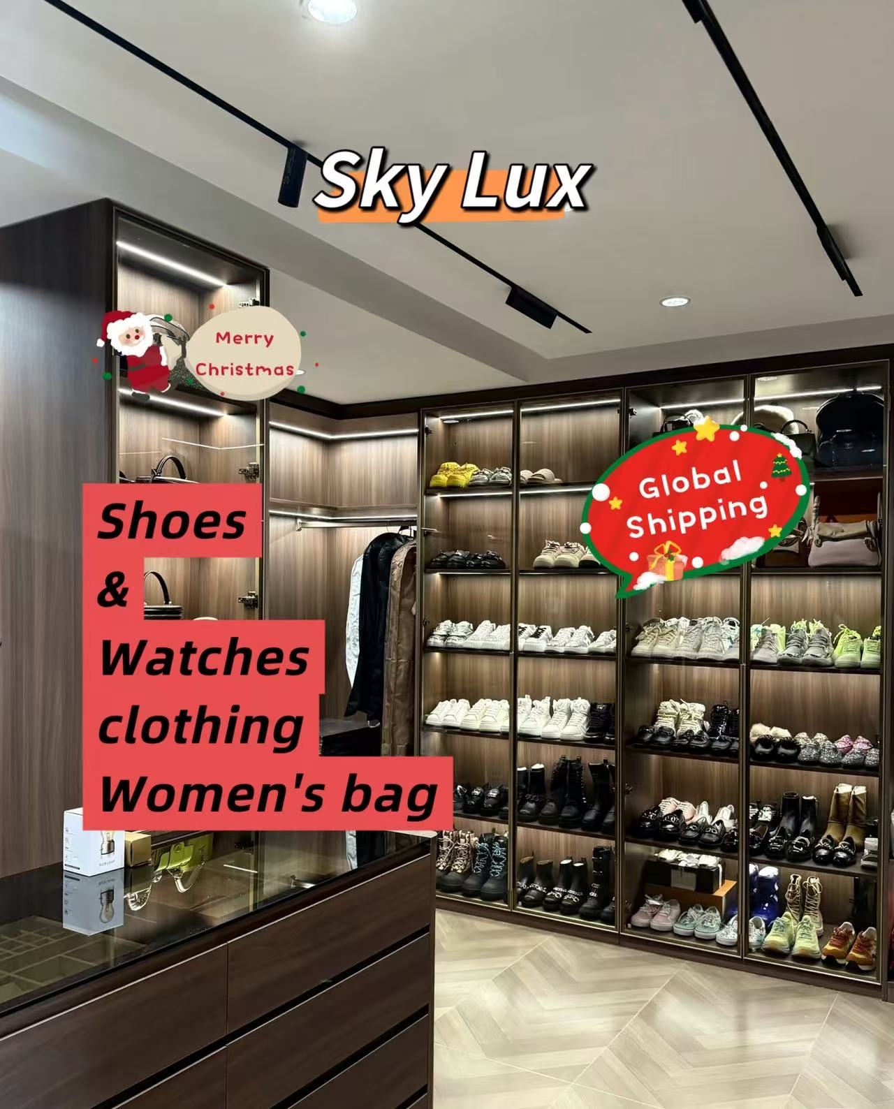 SkyLux 商店展示：鞋子、手表、服装和女包
